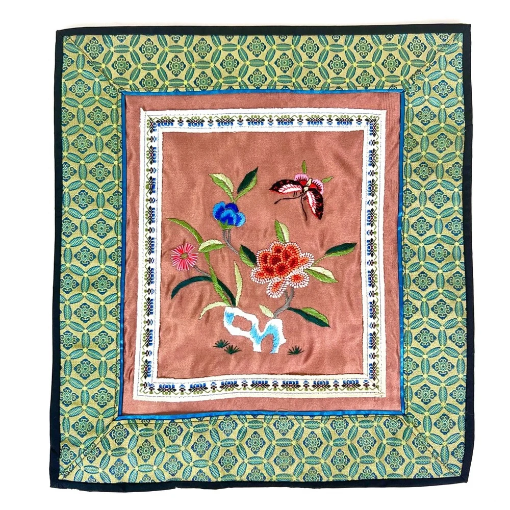 Vintage Chinese Silk Embroidered Floral Butterfly Panel